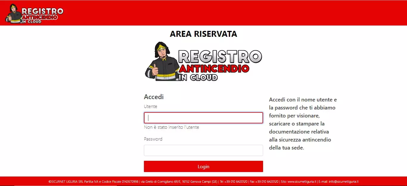 Area Riservata Registro Antincendio in CLoud SicurNet Liguria