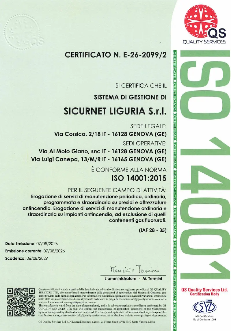 CERTIFICATO ISO 14001 SICURNET LIGURIA CERTIFICATO ISO 14001 SICURNET LIGURIA