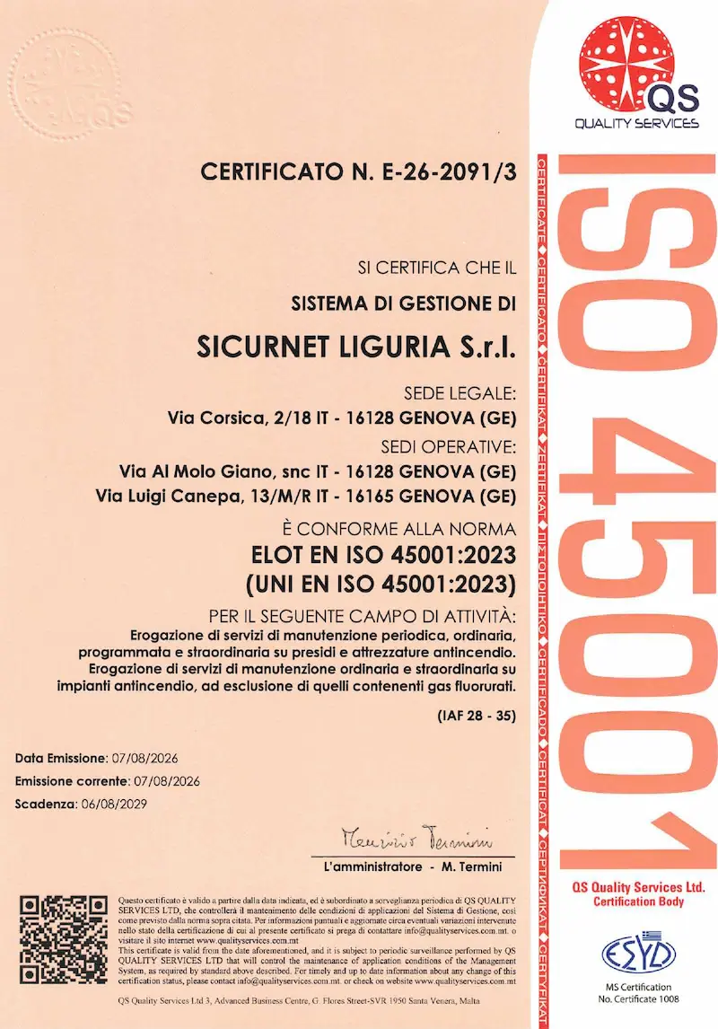 CERTIFICATO ISO 45001 SICURNET LIGURIA CERTIFICATO ISO 45001 SICURNET LIGURIA